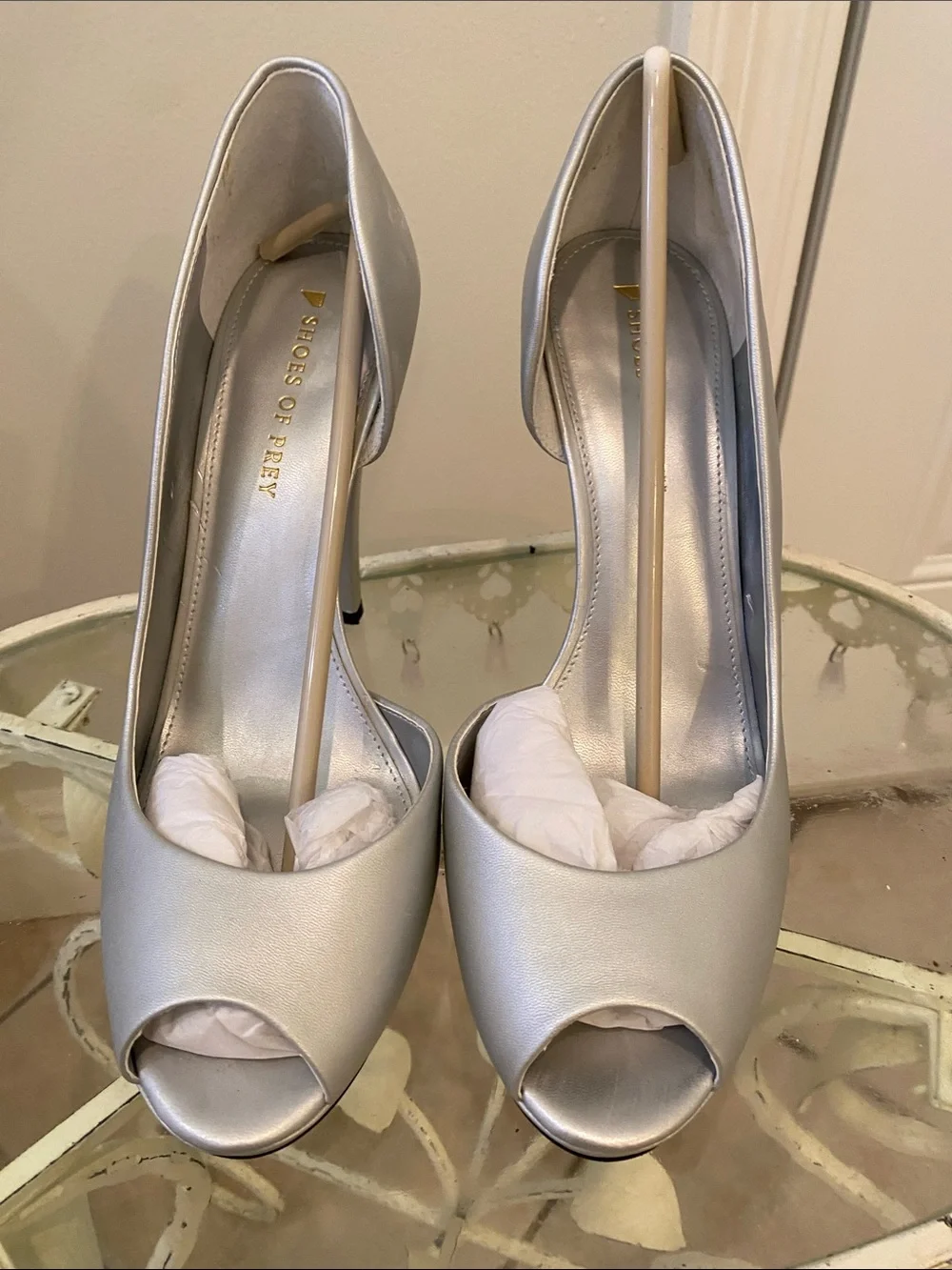 Shoes of Prey Silver Leather Peep-Toe High Heels